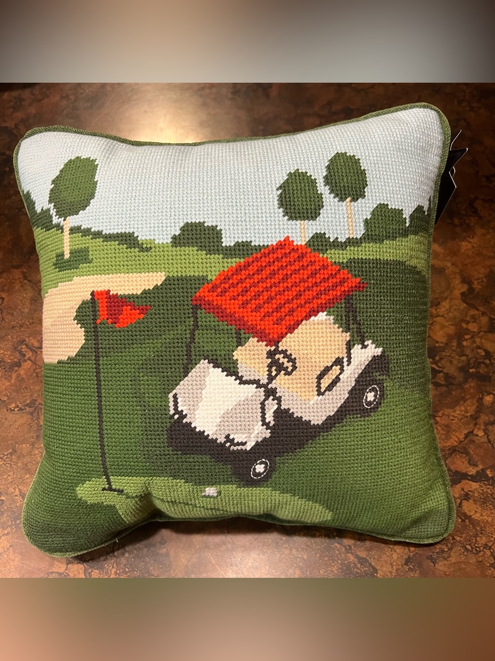 MSX Green needlepoint Golf Cart Accent Pillow Michael Strahan NWT